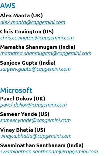 AWS Alex Manta (UK) alex.manta@capgemini.com Chris Covington (US) chris.covington@capgemini.com Mamatha Shanmugam (In...