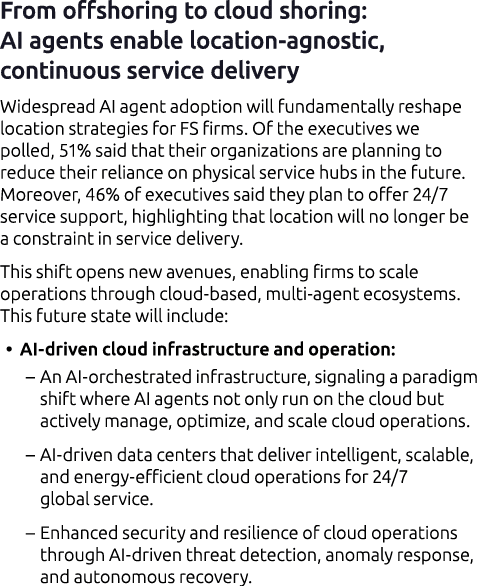 From offshoring to cloud shoring: AI agents enable location agnostic, continuous service delivery Widespread AI agent...